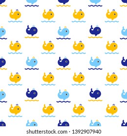 Sea life, whales on the waves. Seamless pattern. Vector