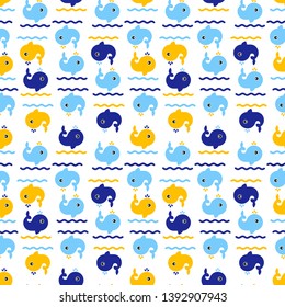 Sea life, whales on the waves. Seamless pattern. Vector