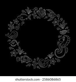 Sea life wreath design featuring a variety of marine creatures and corals