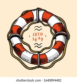 Sea Lifebuoy. Nautical or marine Ring buoy, ocean water wheely or lifering. Hand drawn monochrome retro engraved old sketch. Vector illustration for tattoo or emblems.