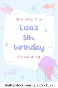 Sea life-themed kids' birthday invitation. Charming underwater design with fish, bubbles, and jellyfish for a fifth birthday celebration. Underwater style invitation for kids party with fish, bubbles
