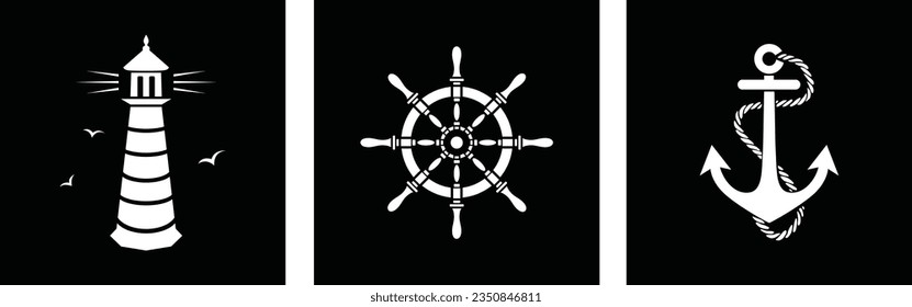 Sea lighthouse anchor navy beacon black white 
