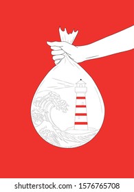 Sea with lighthouse in ball on red background.