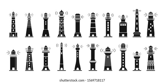 Sea lighthouse black vector set icon.Vector illustration ocean beacon on white background .Isolated black icon light of sea lighthouse.