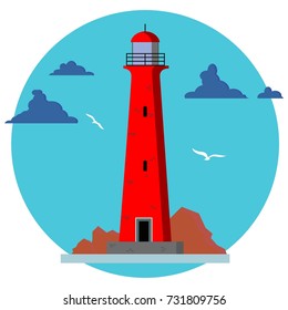 Sea lighthouse, blue sky, clouds and gulls