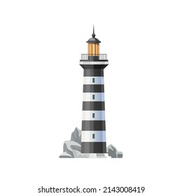 Icono de construcción del faro marino. Torre de faro marino, faro náutico vector. Viajes marítimos, símbolo turístico, faros a rayas construidos en la orilla del océano con piedras y rocas