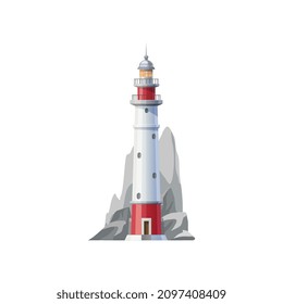 Sea Lighthouse, Coast Searchlight Or Beacon Tower And Light House, Vector Icon. Lighthouse On Ocean Cliff Rock For Ships Navigation And Safe Seafaring, Harbor And Port Guide Signal For Boats