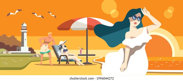 Mar, faro e ilustrador femenino