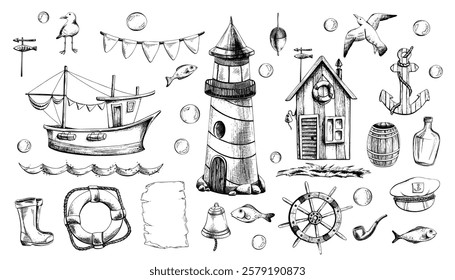 Sea lighthouse, fishing boat, cabin, ship and fishing equipment. Graphic illustration on nautical theme hand drawn line art in black and white monochrome. Large set of elements, clip art.