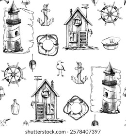 Sea lighthouse with fishing cabin, anchor, lifebuoy and steering wheel. Graphic illustration on nautical theme hand drawn line art in black and white monochrome. Seamless pattern