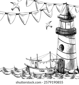 Sea lighthouse with a fishing sailboat floating on the waves, with seagulls and flags. Graphic illustration on a nautical theme hand-drawn line art in black and white monochrome. Square frame template