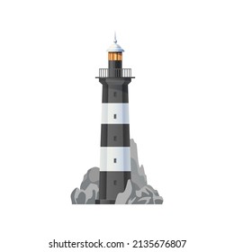 Sea lighthouse icon. Coastal beacon building on rocky seaside. Nautical lighthouse lantern, navigation safety or tourism symbol vector lighthouse tower with white and black strips