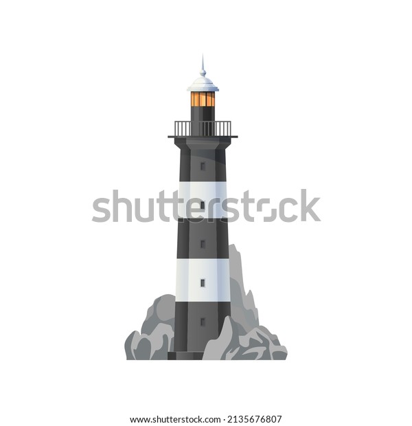 Sea\
lighthouse icon. Coastal beacon building on rocky seaside. Nautical\
lighthouse lantern, navigation safety or tourism symbol vector\
lighthouse tower with white and black\
strips