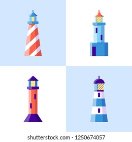 Sea lighthouse icons set in flat style