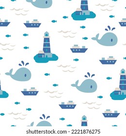 Sea Lighthouse Island Landscape Vector Graphic Seamless Pattern can be use for background and apparel design