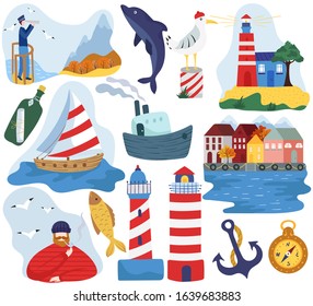 Sea and lighthouse isolated icons vector illustration. Set of flat style stickers, sailing and fishing in northern sea. Sailboat, seagull, anchor, compass and lighthouse. Old fishing town at seaside