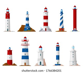 Sea lighthouse isolated vector icons of nautical navigation design. Beacon tower building with guid beam of searchlight symbols, marine navigational equipment and navy safety themes