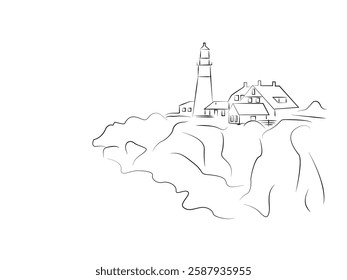 Sea  Lighthouse landscape sketch illustration vector. seascape lighthouse illustration, Hand drawn illustration converted to vector.