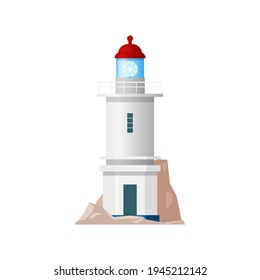 Sea lighthouse, marine beacon isolated white building icon. Vector nautical tower, tall construction in navy theme, nautical navigation beacon. Searchlight symbol, marine navigational equipment