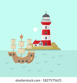 sea with lighthouse on rock stones island. ship on water. Nature or marine design. Flat style. Vector sky background.