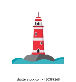 Sea lighthouse on a rocky island. Flat isolated vector illustration. Light house red with white stripes, with a high round roof. Searchlight towers and beach and summer vacation