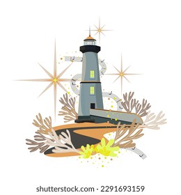 Sea lighthouse with plants from corals and algae against the background of the starry sky.