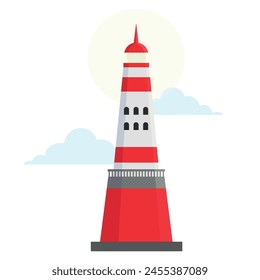 Sea lighthouse red nautical beacon construction tower with sky and sun vector flat illustration. Marine navigation signal illumination coastal light searchlight building direction safety destination