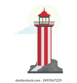 Sea lighthouse red striped illuminated tower with stairs on cliff vector flat illustration. Beacon light glow marine navigation building construction with cloud. Nautical safety searchlight