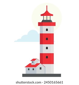 Sea lighthouse red striped marine tower for safety nautical navigation isometric vector illustration. Coastline light construction coast building beacon for navigate destination coastline landmark