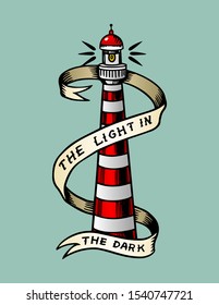 Sea Lighthouse with a ribbon in vintage style. Retro Marine beacon. Symbol of nautical journey. Seamark in the ocean. Hand drawn engraved retro illustration for tattoo, t-shirt and logo or badge.