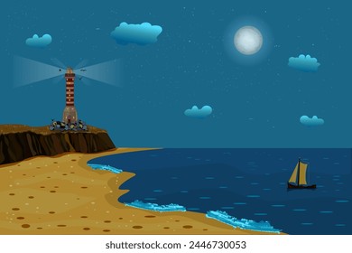 Sea, lighthouse and sailboat. Landscape with beacon on cliff at night. Island beach under the starry sky. Midnight seascape and lighthouse rays. Evening ocean scene. Stock vector illustration