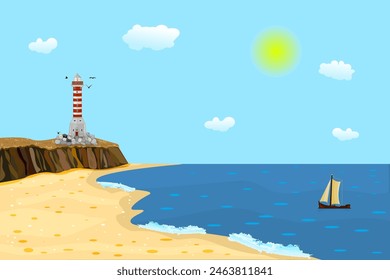 Sea, lighthouse and sailboat. Landscape with beacon on cliff at day. Island beach under sunny sky. Midday seascape and lighthouse rays. Daytime ocean scene. Stock vector illustration