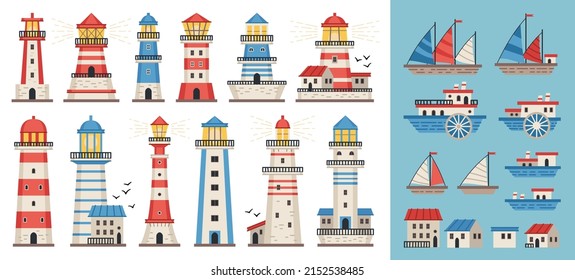 Sea lighthouse set. Sea pharos or beacon collection isolated on white background. Lighthouses with searchlight, marine navigation coastline towers. Ships, yachts, small houses. Vector in flat style