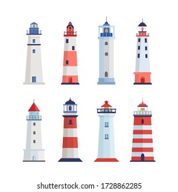 Sea lighthouse set. A tower with a floodlight on coast for maritime navigation red with white stripes, signal of hope for harbor ships, landmark of maritime security. Vector graphics in flat style