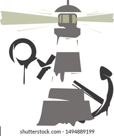 Sea lighthouse with Ship Anchor. Vector illustration of lighthouse and anchor.