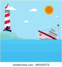 Sea Lighthouse Ship Cloud Sun Blue Background Vector Image
