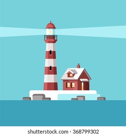 Sea and a lighthouse. Solitary Island. Vector illustration.
