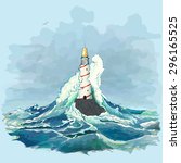  Sea Lighthouse Storm. Sea storm. Lighthouse in the storm. Big Waves. Full color vector illustration. EPS 10. Ocean cyclone.