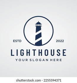 Sea lighthouse tower building creative logo with spotlights vintage vector template.