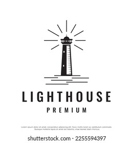 Sea Light House Turm Gebäude kreatives Logo mit Scheinwerfern Vintage Vektorvorlage.