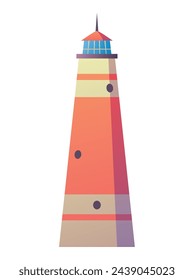 Sea lighthouse tower for nautical navigation. Building isolated on white background. Vector colored flat cartoon illustration
