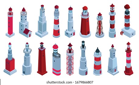 Sea lighthouse vector isometric set icon. Isolated isometric set icon beacon. Vector illustration sea lighthouse on white background.