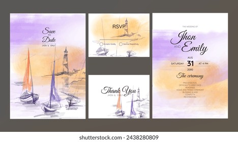 Sea and lighthouse watercolor landscape wedding invitation