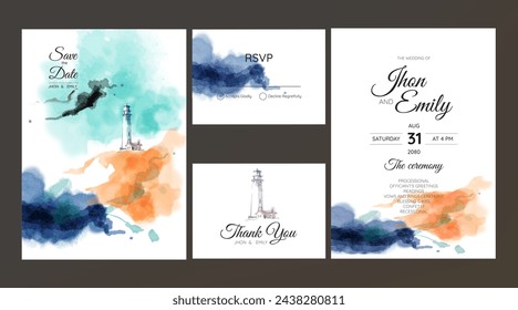 Mar y faro acuarela paisaje invitación de boda