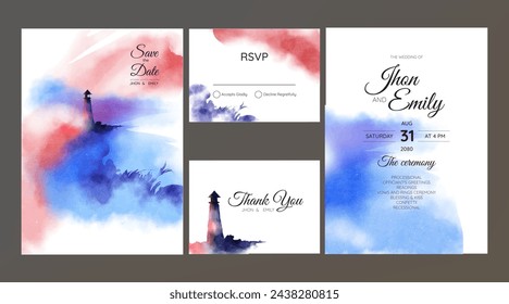 Sea and lighthouse watercolor landscape wedding invitation