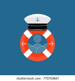 Sea line art inside ring buoy fiber and captain hat logo badge illustration