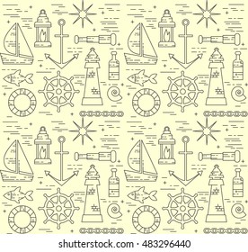 Sea line art symbols seamless vector pattern