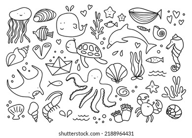 Sea line doodle icons. Hand drawn minimal underwater aquarium symbols, seashell fish algae shell sketchy art. Vector set