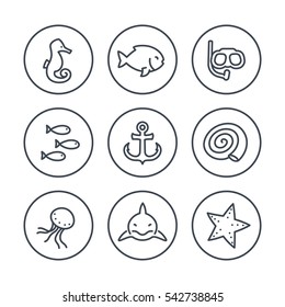 Sea line icons in circles, shark, sea horse, fish, shell, medusa, starfish, anchor, vector illustration