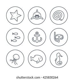 Sea line icons in circles, vector illustration